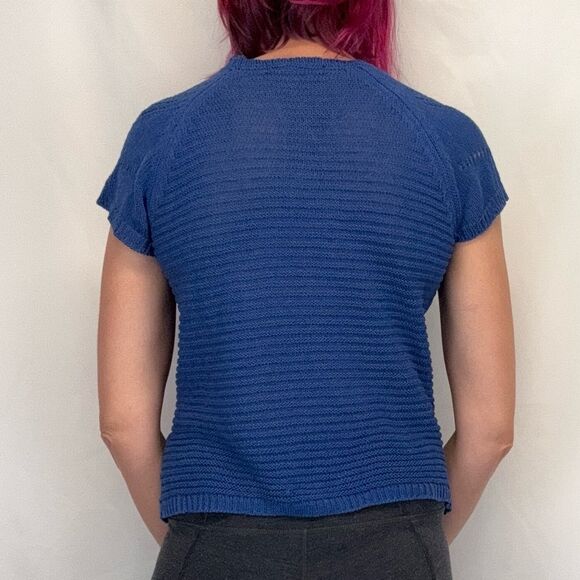 Fever Women's Open Crochet Short Sleeve Sweater Blouse Royal Blue S SM Small Rib - Picture 2 of 12